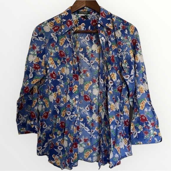Lauren Ralph Lauren Tops - Ralph Lauren Sz M Top Blue Red Floral Light Cool Great Colors 3/4 Sleeve